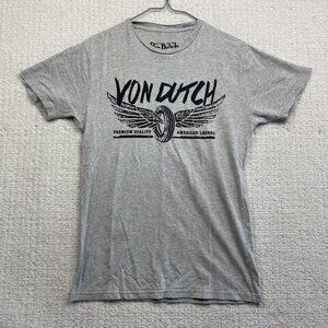 Von Dutch Vintage Original Big Logo Y2K  T-shirt Mens S Grey Tires Wings Read
